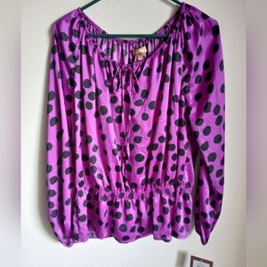 NWT Ellen Tracy purple black Polka Dot Long Sleeve blouse Sz L